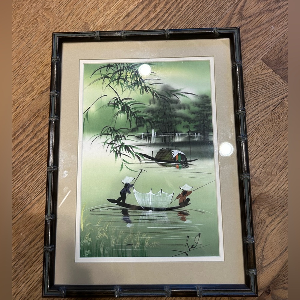 Vintage Asian Silk Painting fishing Scene bamboo frame